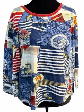 Vintage 90s Take Two Nautical Sequin Cotton Top XL Coastal Maritime